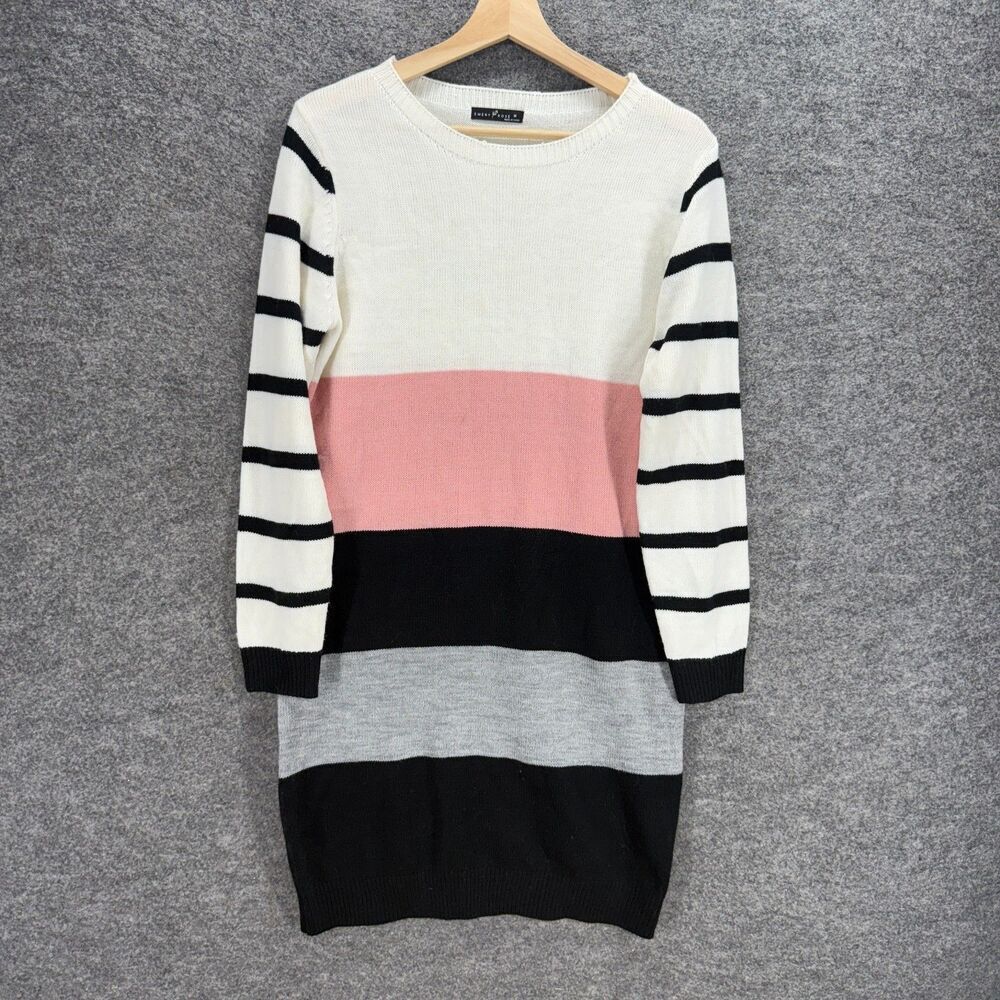 Emery Rose Sweater Dress Women M Medium White Striped Short Knit Long Sleeve